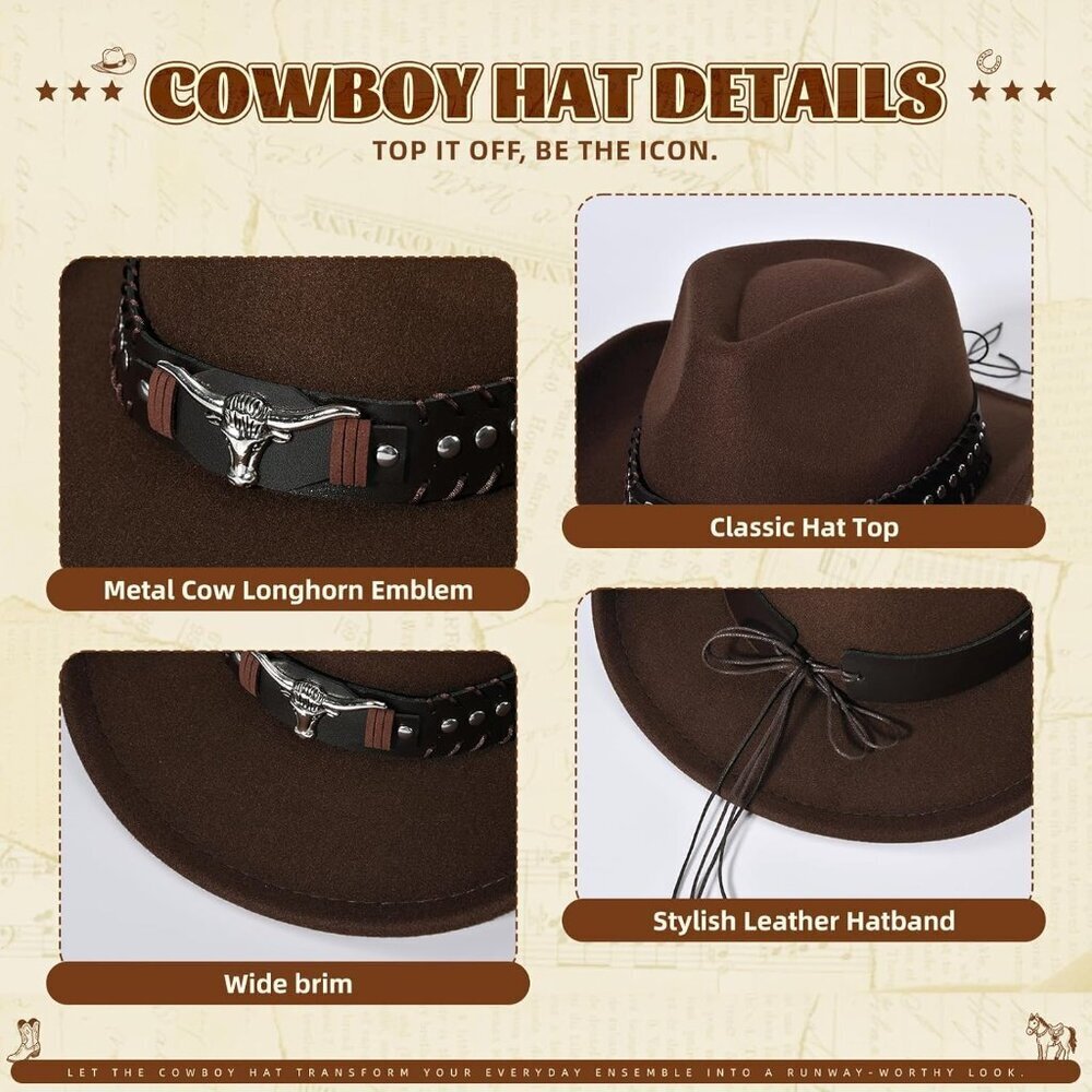 Unisex Coffee Western With Bull Skull Buckle Band Classic Fedora Cowboy Felt Hat - Picture 3 of 4
